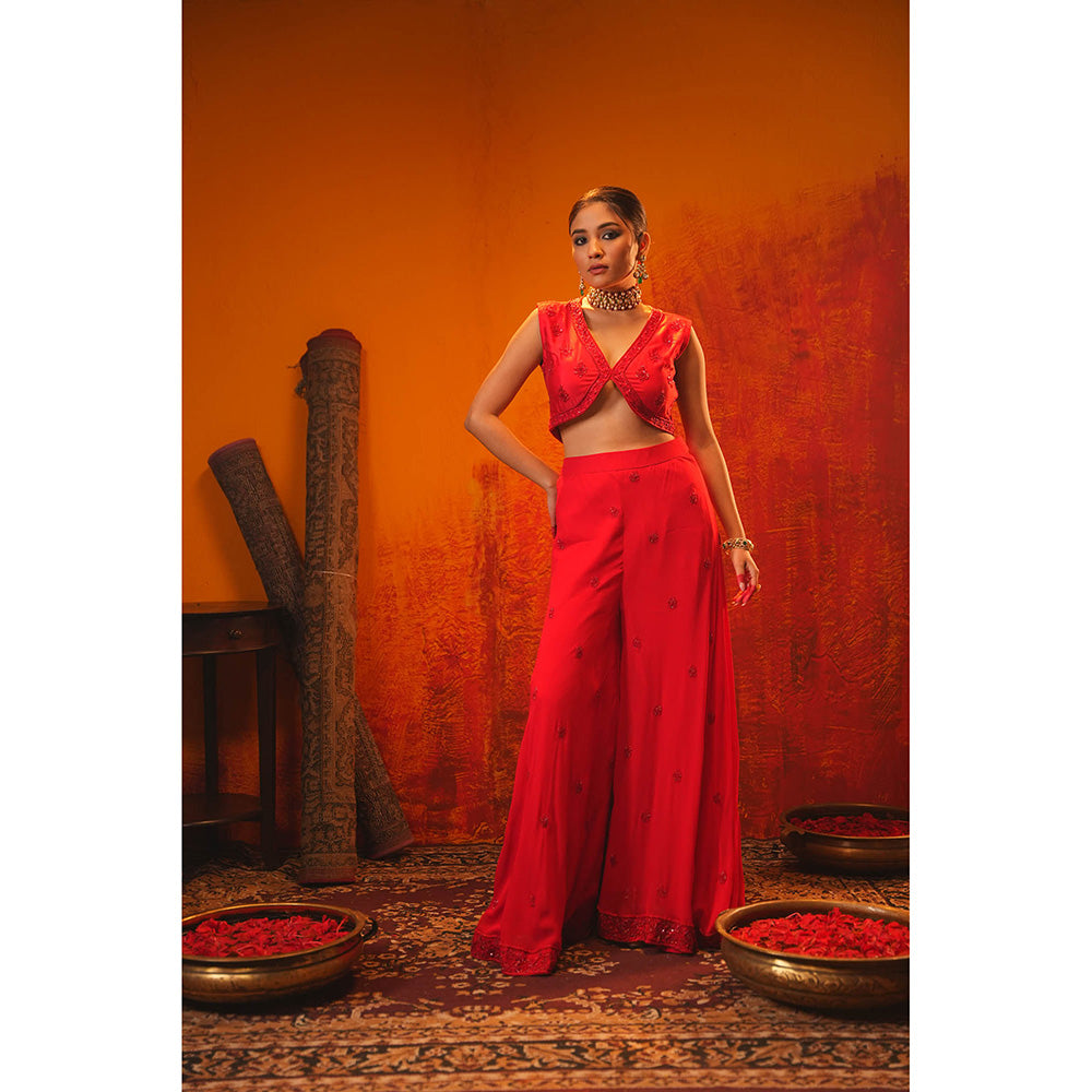 Midushi Bajoria Red Rusi Crop Top with Sharara & Dupatta (Set of 3)
