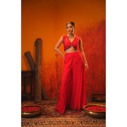 Midushi Bajoria Red Rusi Crop Top with Sharara & Dupatta (Set of 3)