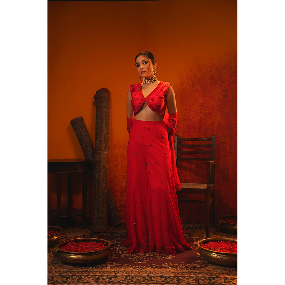 Midushi Bajoria Red Rusi Crop Top with Sharara & Dupatta (Set of 3)