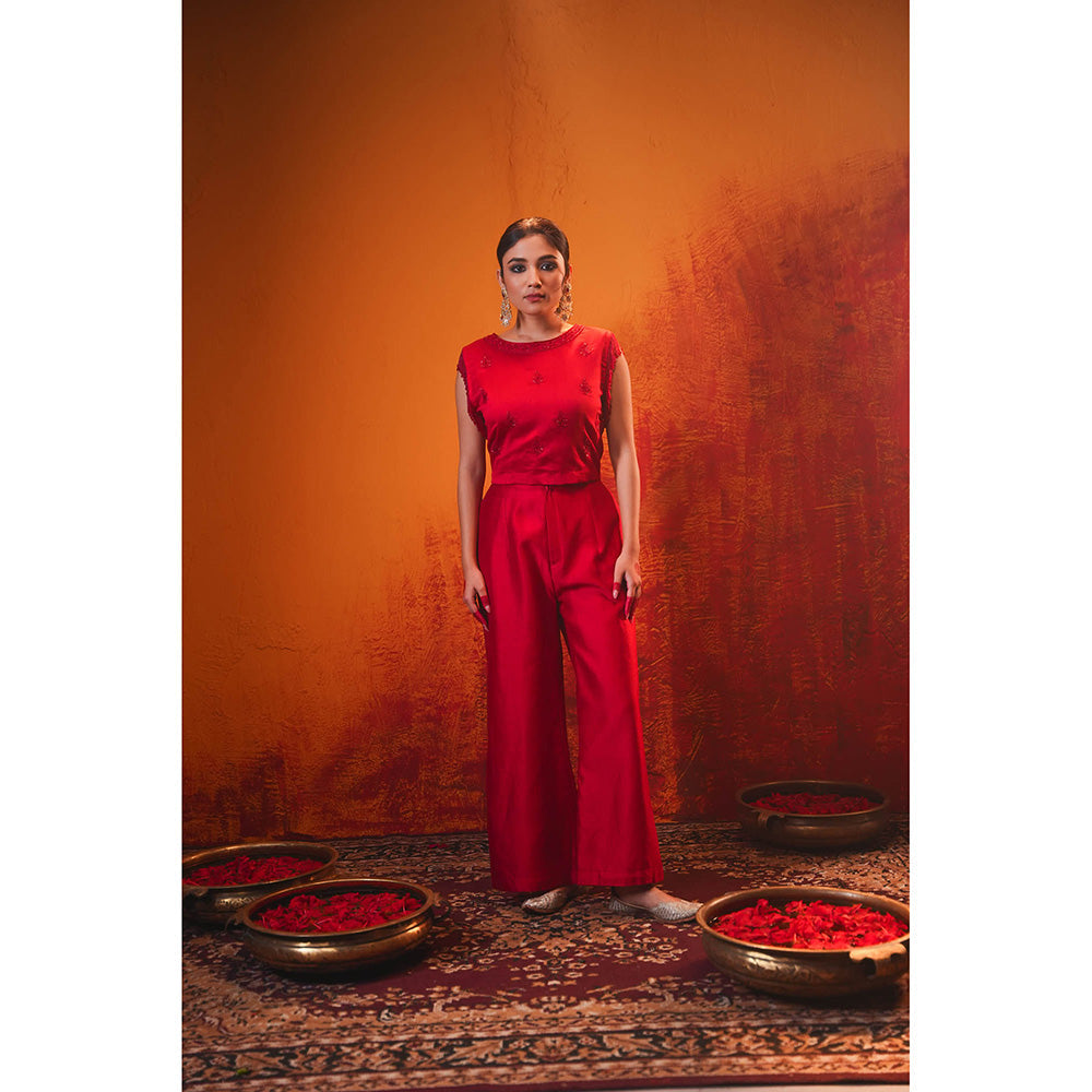 Midushi Bajoria Red Renee Crop Top with Palazzo (Set of 2)