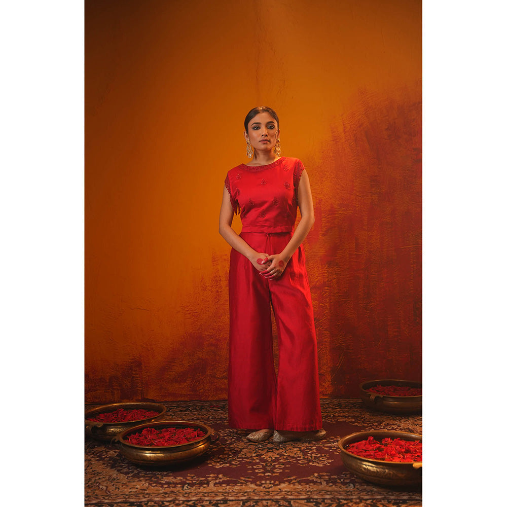 Midushi Bajoria Red Renee Crop Top with Palazzo (Set of 2)
