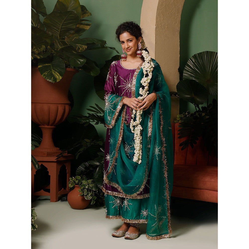Midushi Bajoria Organza Dupatta with Kiran Chanderi Palazzo & Kurta Embellished (Set of 3)