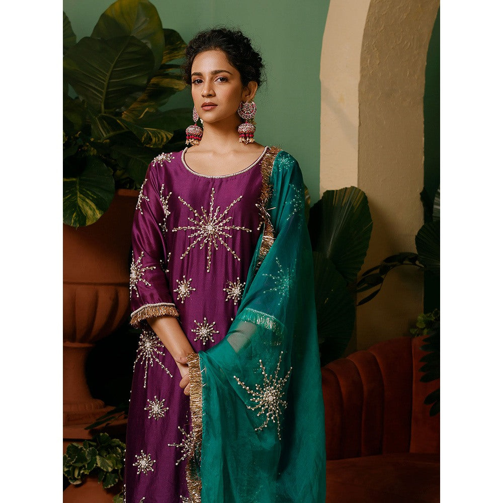 Midushi Bajoria Organza Dupatta with Kiran Chanderi Palazzo & Kurta Embellished (Set of 3)