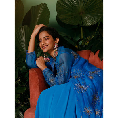 Midushi Bajoria Blue Jacket In Organza with Crepe Blouse & Drape Skirt (Set of 3)