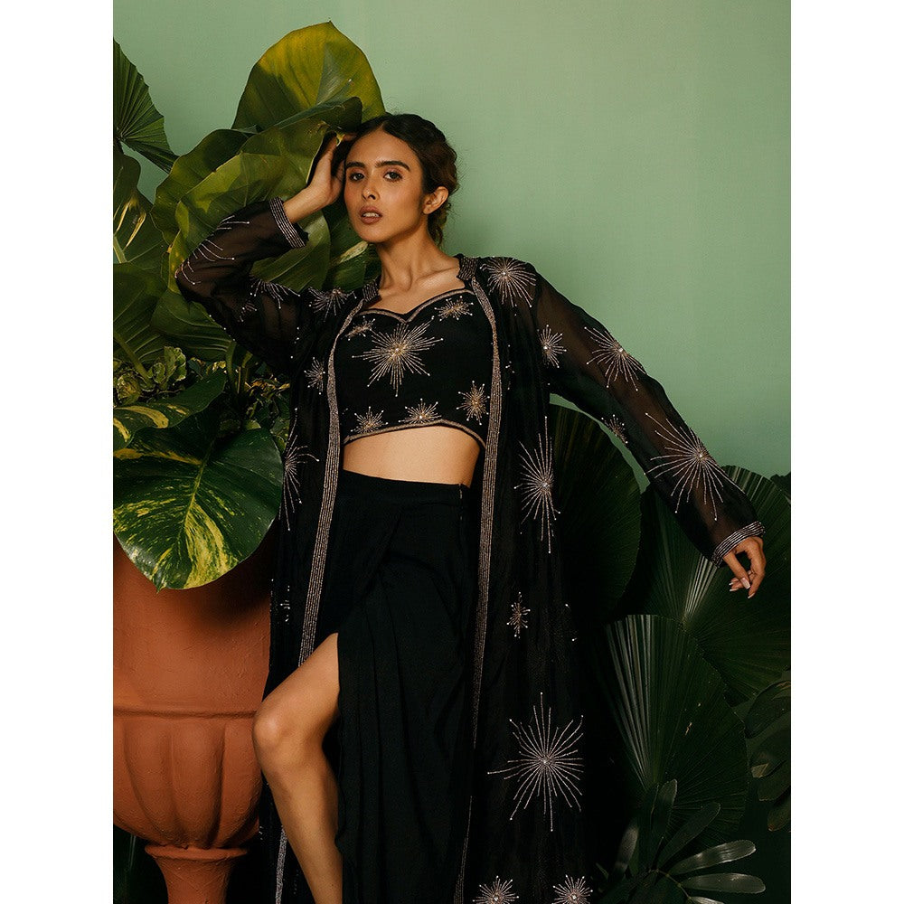 Midushi Bajoria Black Jacket In Organza with Crepe Blouse & Drape Skirt (Set of 3)