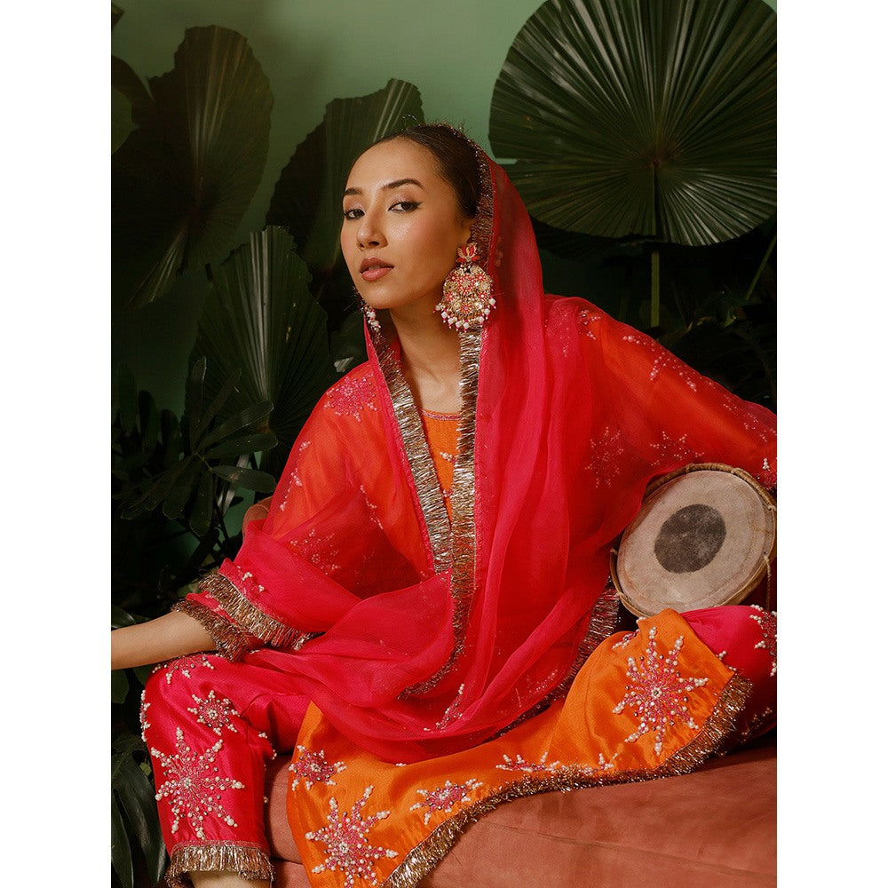 Midushi Bajoria Organza Dupatta with Kiran Chanderi Pant & Kurta Embellished (Set of 3)