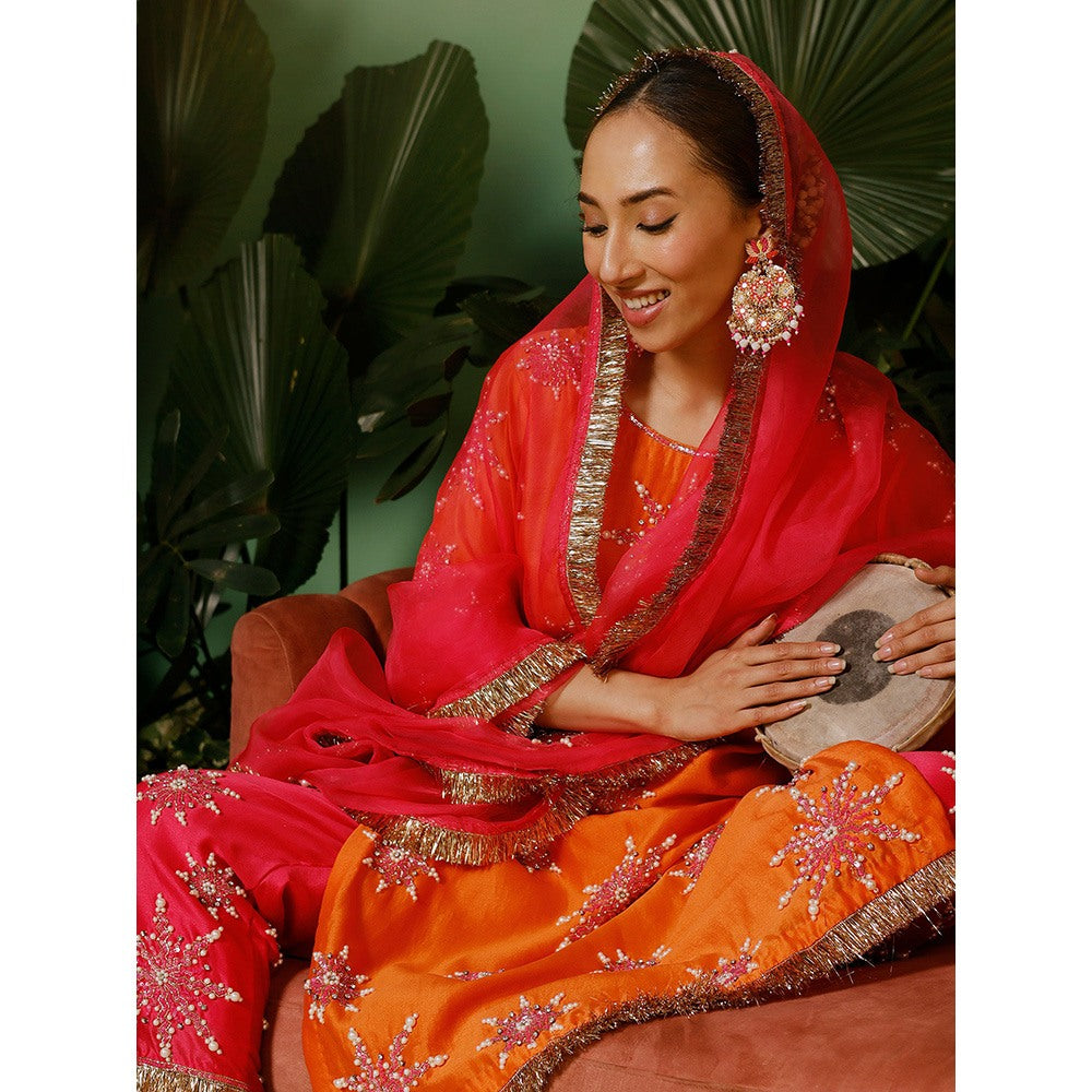 Midushi Bajoria Organza Dupatta with Kiran Chanderi Pant & Kurta Embellished (Set of 3)