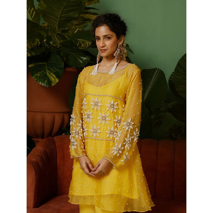 Midushi Bajoria Organza Top with Hand Pearl Embroidery Crepe Pant & Shantoon Slip (Set of 3)