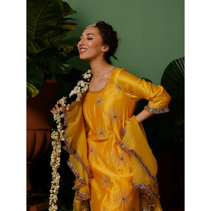 Midushi Bajoria Silk Chanderi Anarkali Kurta with Pant & Organza Ruffle Dupatta (Set of 3)