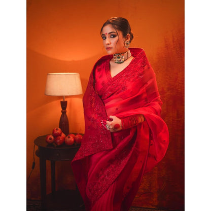 Midushi Bajoria Red Surkh Saree with Stitched Blouse