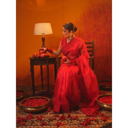 Midushi Bajoria Red Surkh Saree with Stitched Blouse