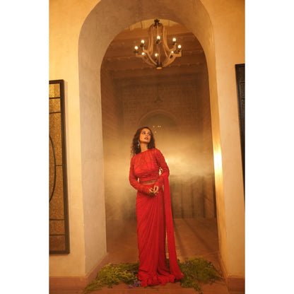 Midushi Bajoria Tt Red Drape Saree with Stitched Blouse