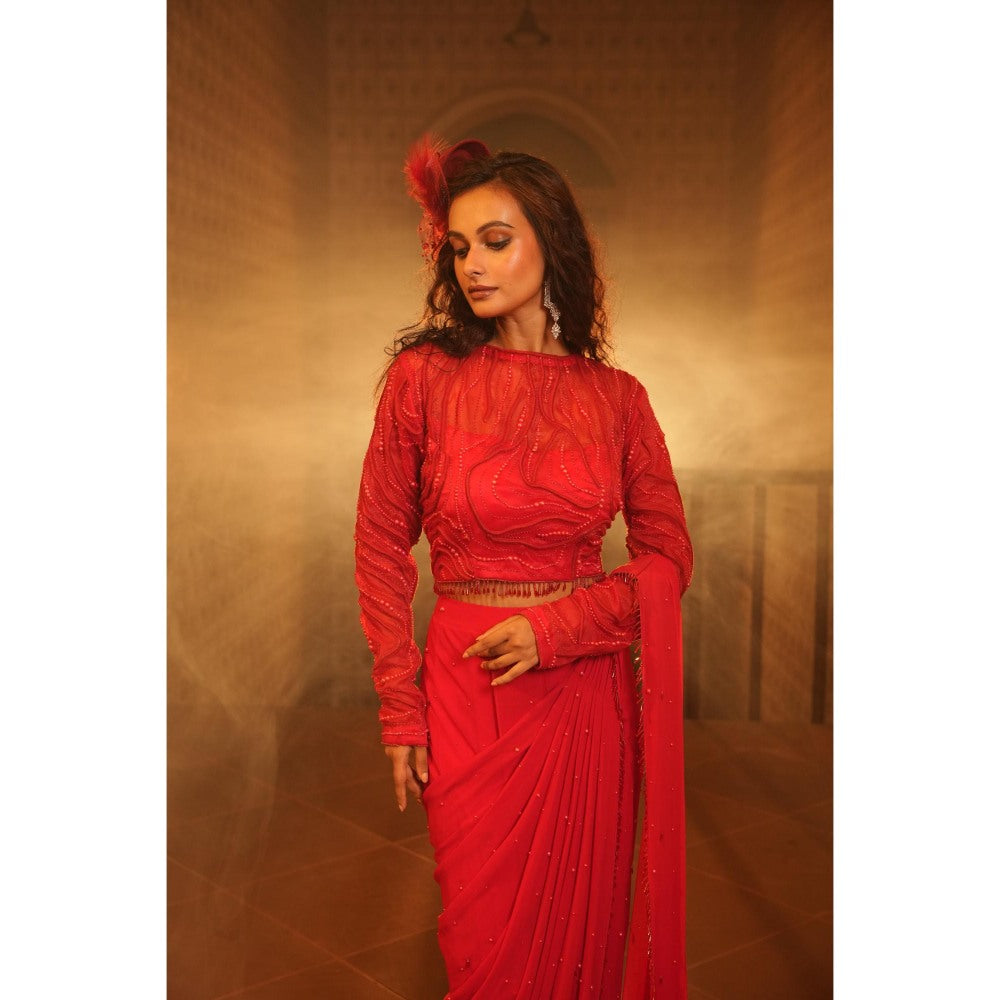 Midushi Bajoria Tt Red Drape Saree with Stitched Blouse