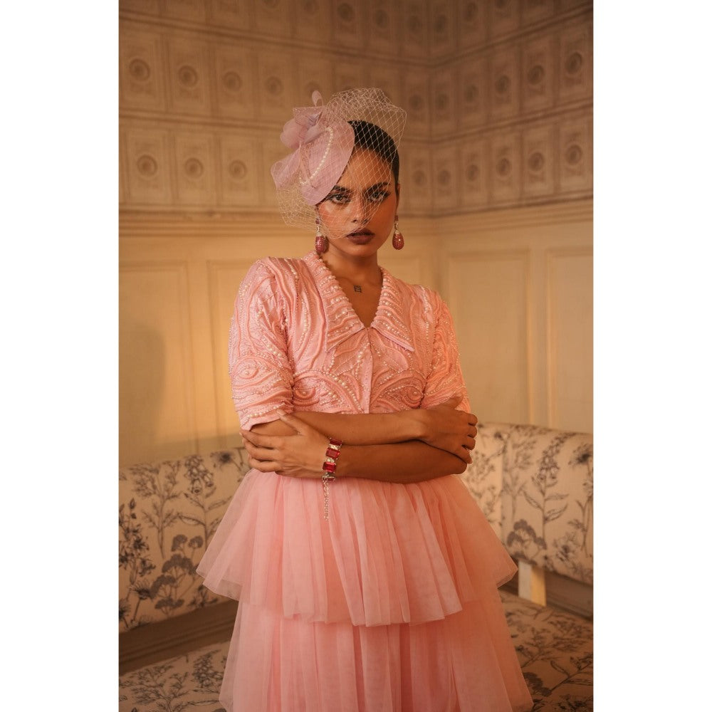 Midushi Bajoria Pink Tt Lapel Collar Crop Top with Frill Skirt (Set of 2)
