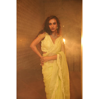 Midushi Bajoria Yellow Tt Heavy Embellished Saree with Stitched Blouse