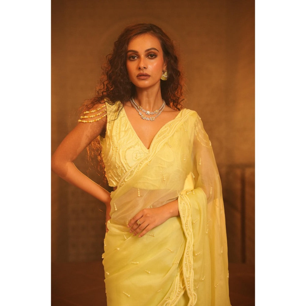 Midushi Bajoria Yellow Tt Heavy Embellished Saree with Stitched Blouse