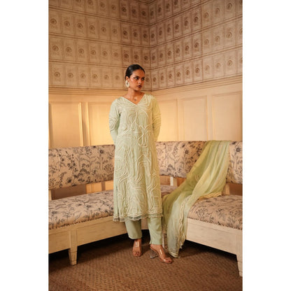 Midushi Bajoria Green Tt Kurta with Pant and Dupatta (Set of 3)