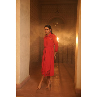 Midushi Bajoria Red Tt Midi Shirt Dress with Belt (Set of 2)