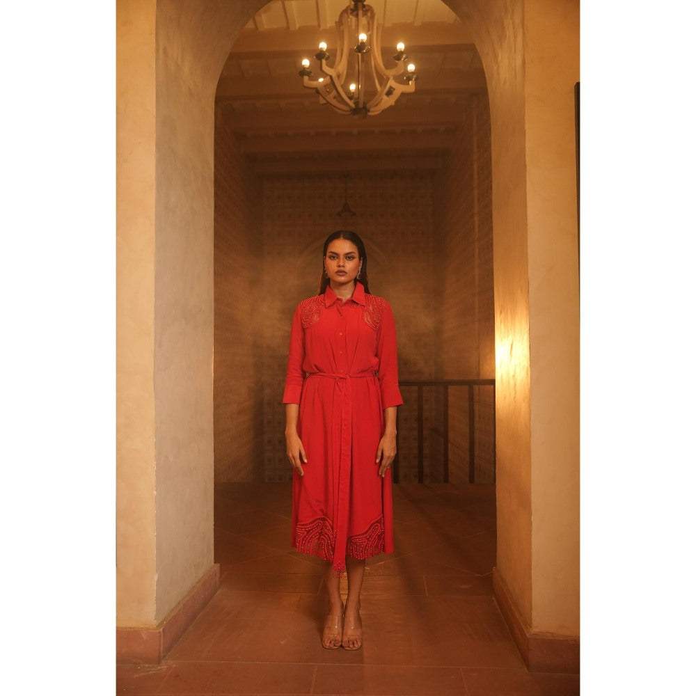 Midushi Bajoria Red Tt Midi Shirt Dress with Belt (Set of 2)