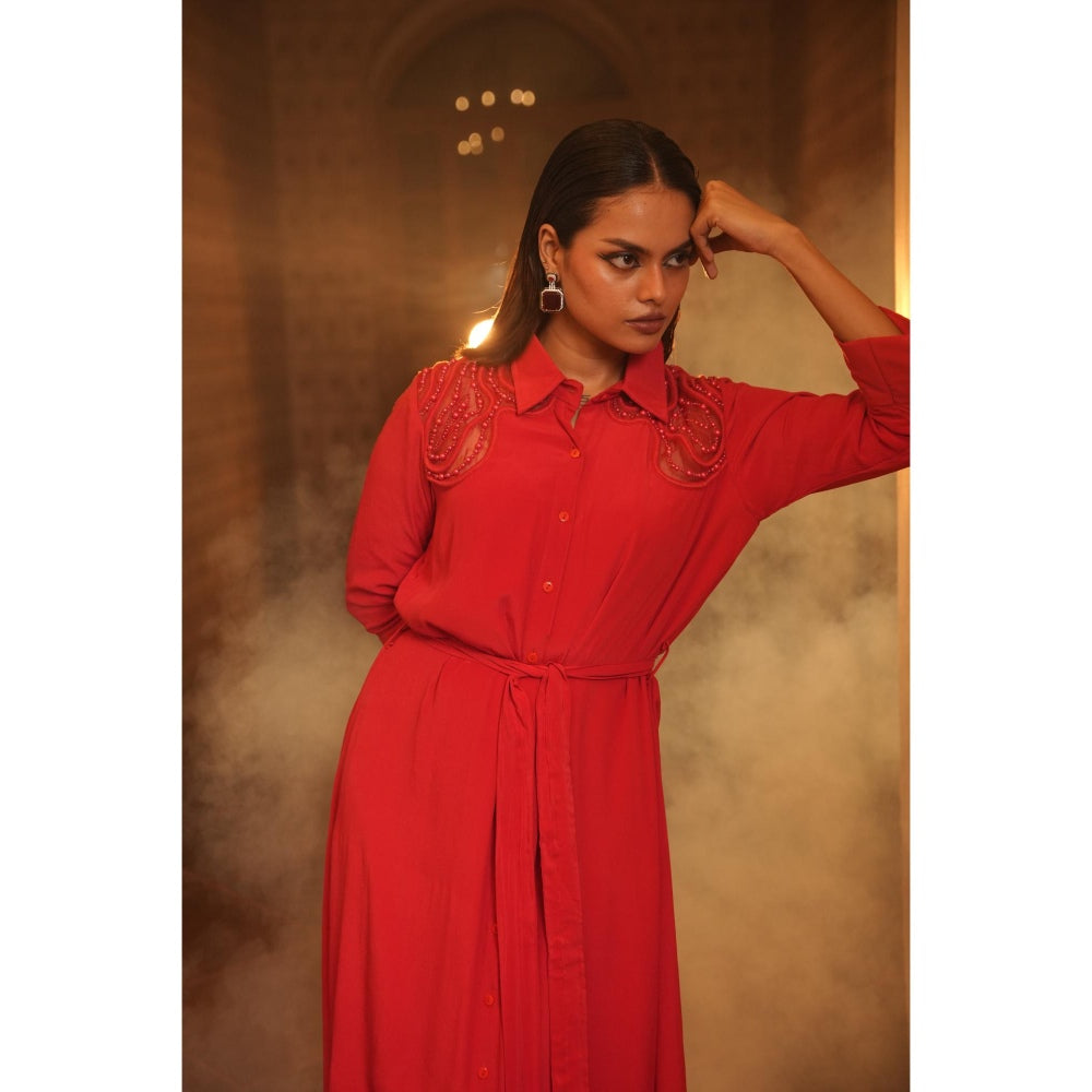 Midushi Bajoria Red Tt Midi Shirt Dress with Belt (Set of 2)