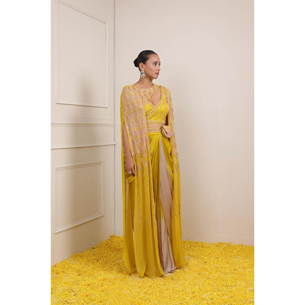 Miku Kumar Yellow Syra Blouse with Skirt, Cape, Belt and Pouch (Set of 5)