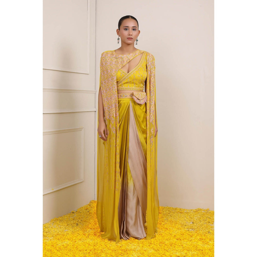 Miku Kumar Yellow Syra Blouse with Skirt, Cape, Belt and Pouch (Set of 5)