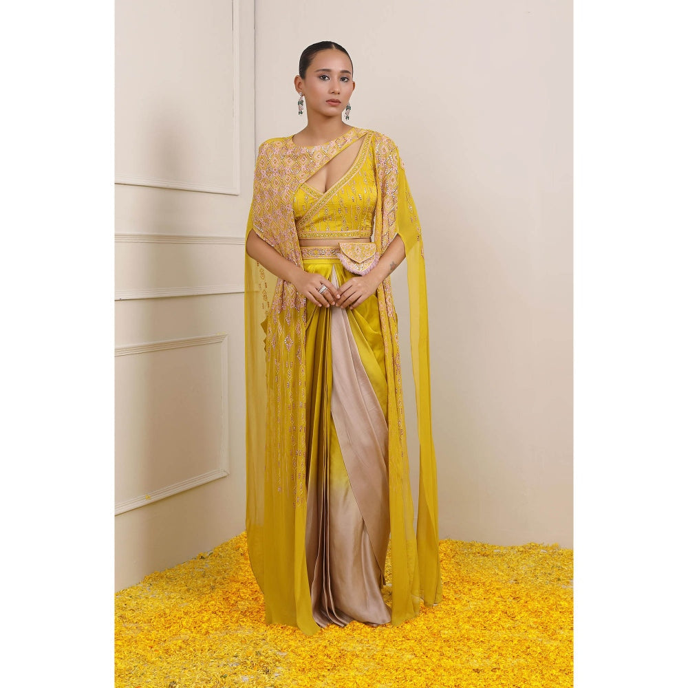 Miku Kumar Yellow Syra Blouse with Skirt, Cape, Belt and Pouch (Set of 5)
