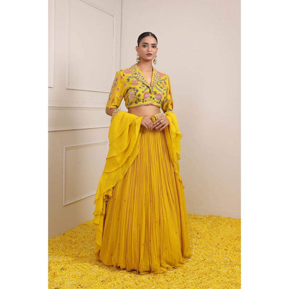 Miku Kumar Yellow Raha Skirt with Blouse, Dupatta, Belt and Pouch (Set of 5)