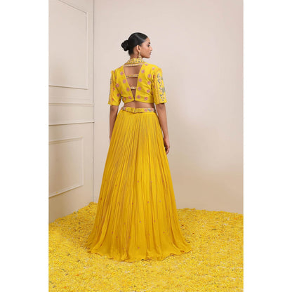 Miku Kumar Yellow Raha Skirt with Blouse, Dupatta, Belt and Pouch (Set of 5)