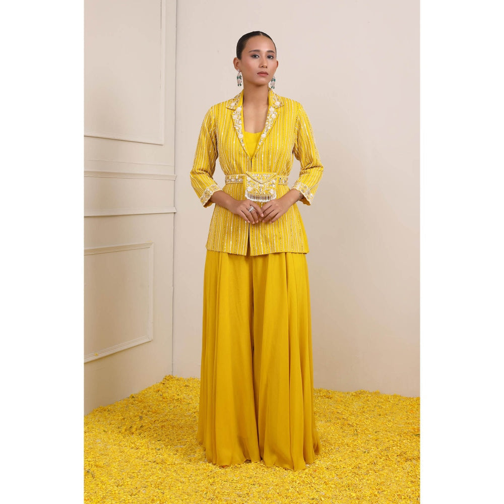 Miku Kumar Yellow Afra Bustier with Jacket, Palazzo, Belt and Pouch (Set of 5)