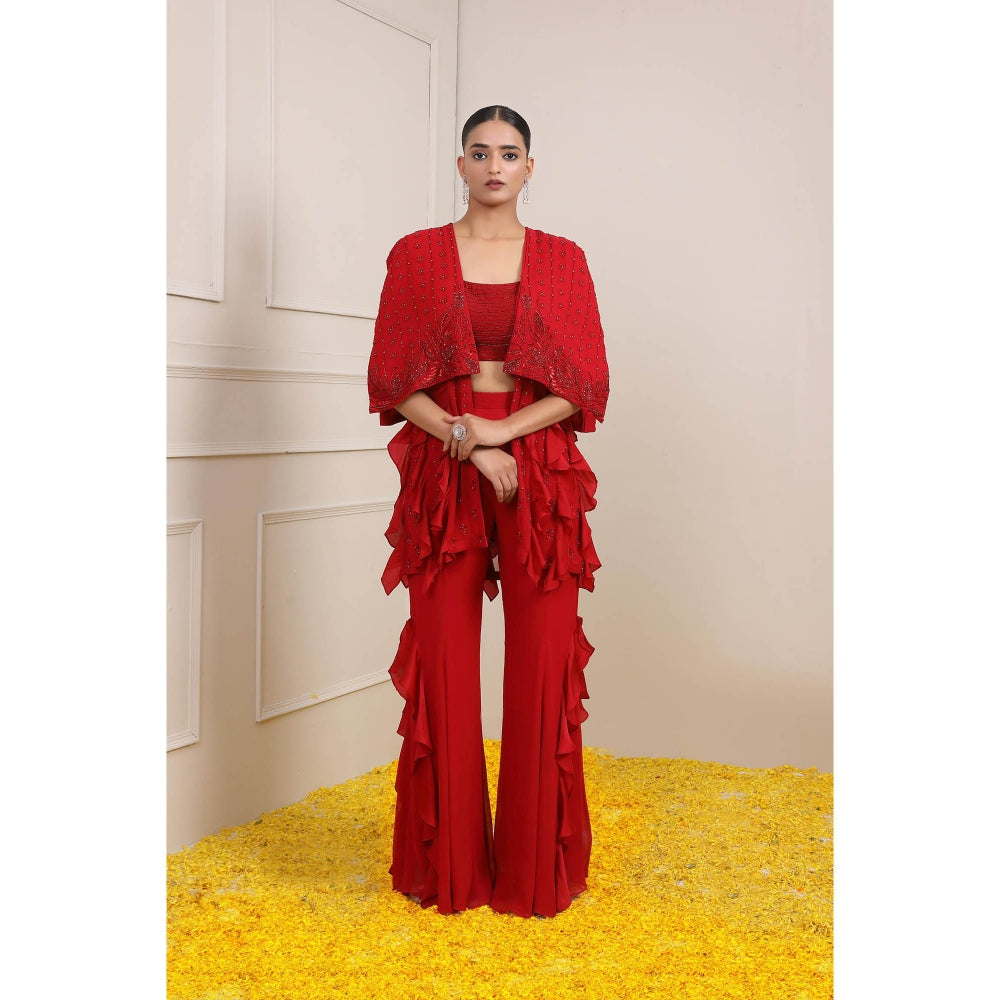 Miku Kumar Red Amina Ruffled Cape with Bustier and Palazzo (Set of 3)