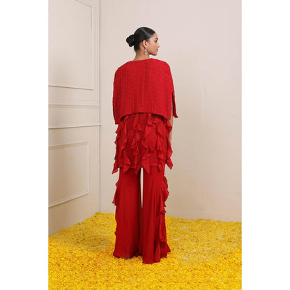 Miku Kumar Red Amina Ruffled Cape with Bustier and Palazzo (Set of 3)