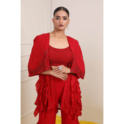 Miku Kumar Red Amina Ruffled Cape with Bustier and Palazzo (Set of 3)