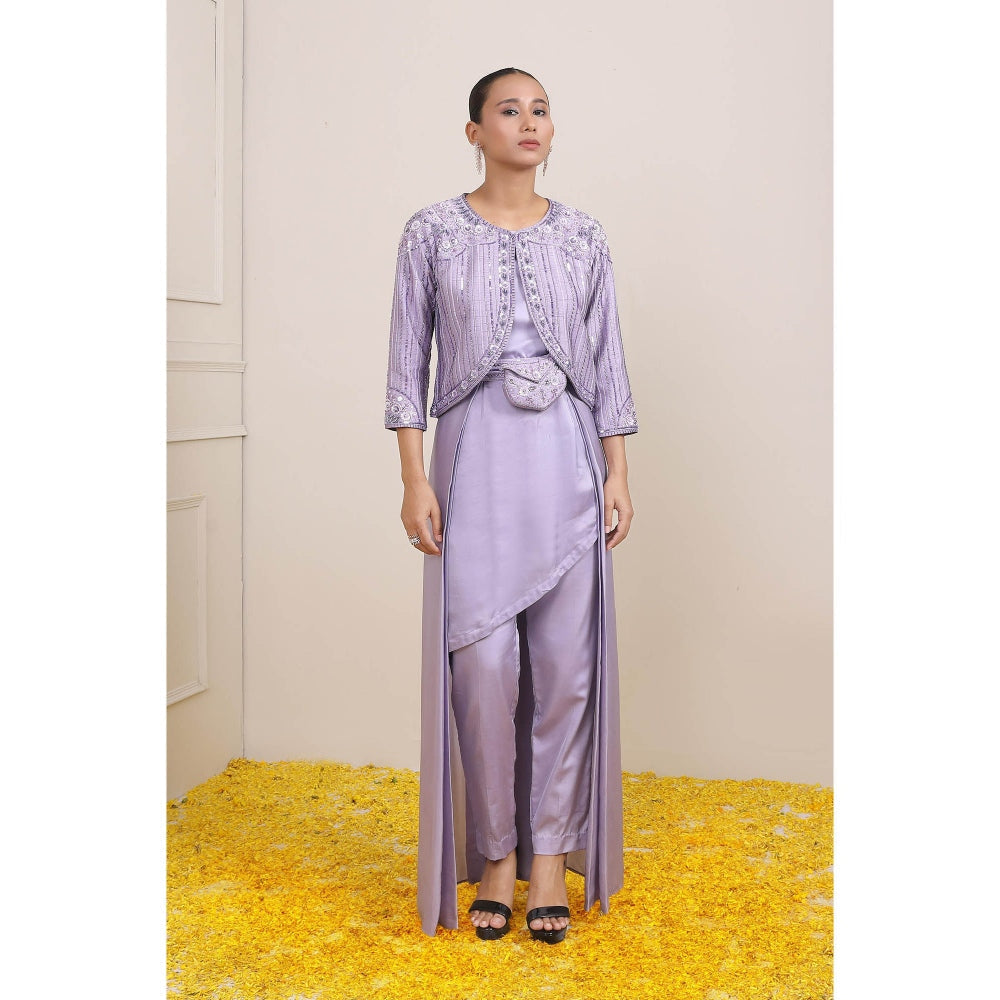 Miku Kumar Lavender Rafia Jacket with Long Inner, Pant, Belt and Pouch (Set of 5)
