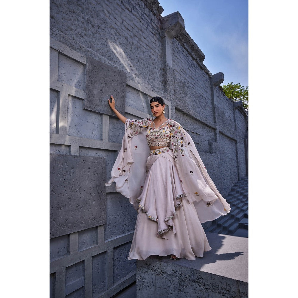 Miku Kumar Ivory Anahira Cape with Skirt and Blouse (Set of 3)