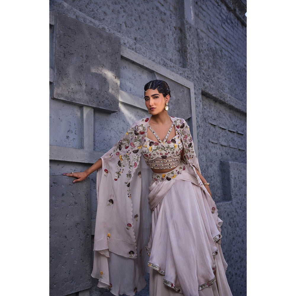Miku Kumar Ivory Anahira Cape with Skirt and Blouse (Set of 3)