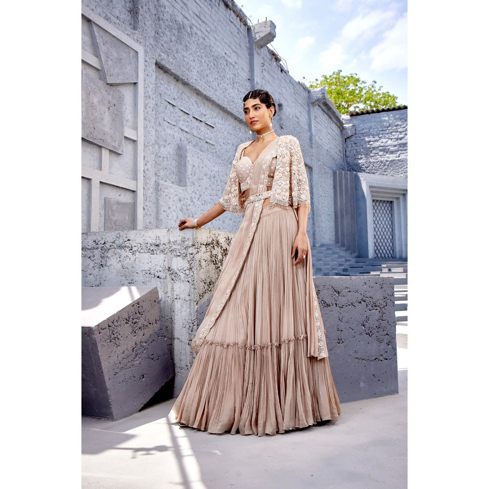 Miku Kumar Beige Laiba Drape Attached Lehenga with Blouse, Cape and Belt (Set of 4)