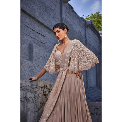Miku Kumar Beige Laiba Drape Attached Lehenga with Blouse, Cape and Belt (Set of 4)