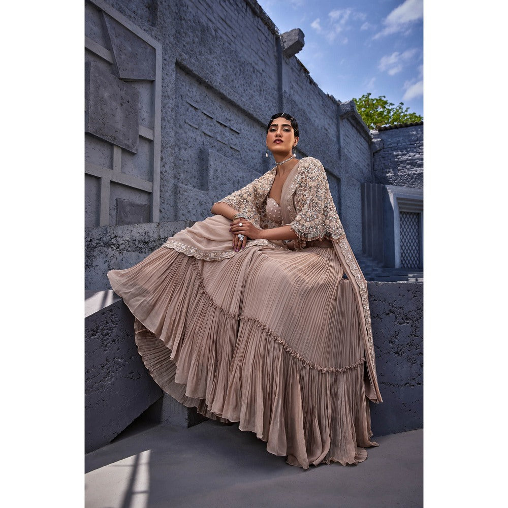Miku Kumar Beige Laiba Drape Attached Lehenga with Blouse, Cape and Belt (Set of 4)