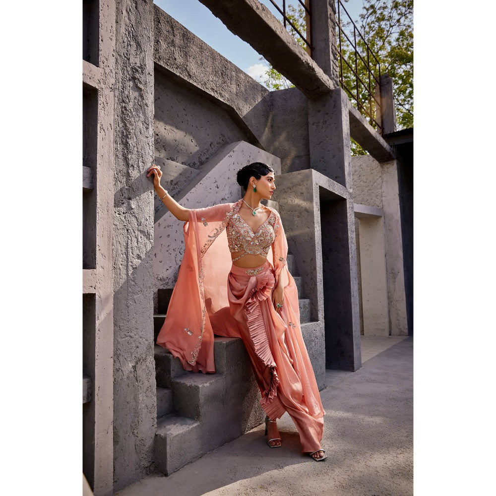 Miku Kumar Peach Aiyana Cape with Drape Skirt and Blouse (Set of 3)