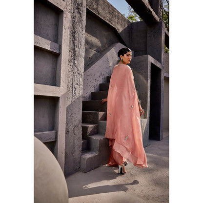 Miku Kumar Peach Aiyana Cape with Drape Skirt and Blouse (Set of 3)