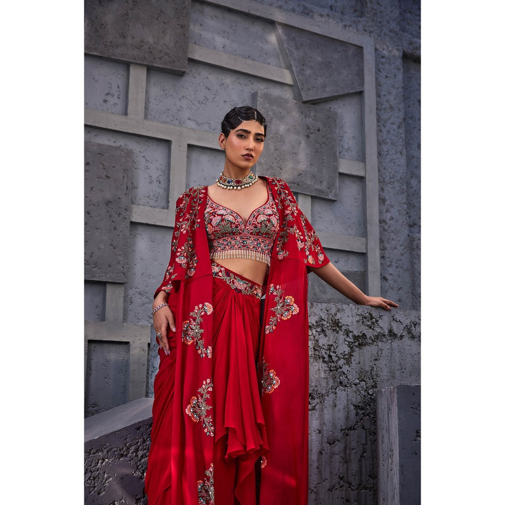 Miku Kumar Red Laalsa Non-Western Cape with Blouse and Skirt (Set of 3)