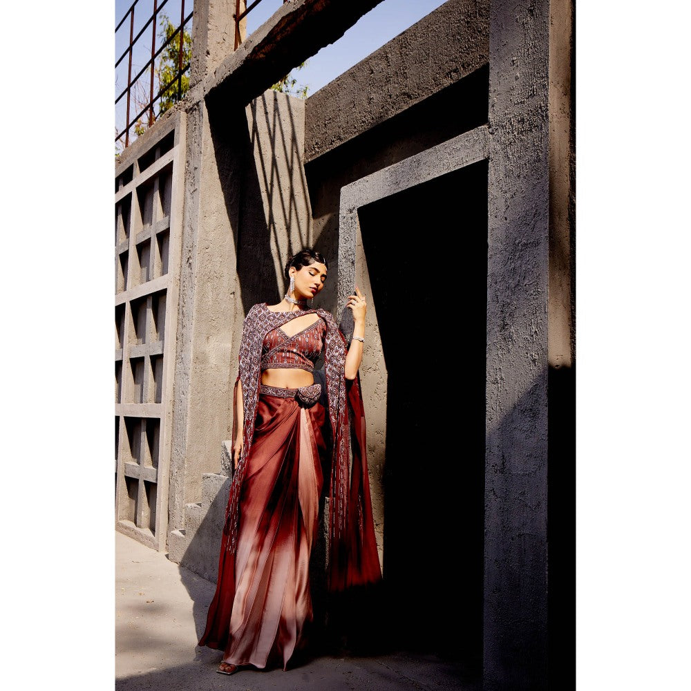 Miku Kumar Brown Afsana Midwestern Drape Skirt with Blouse, Cape, Belt and Pouch (Set of 5)