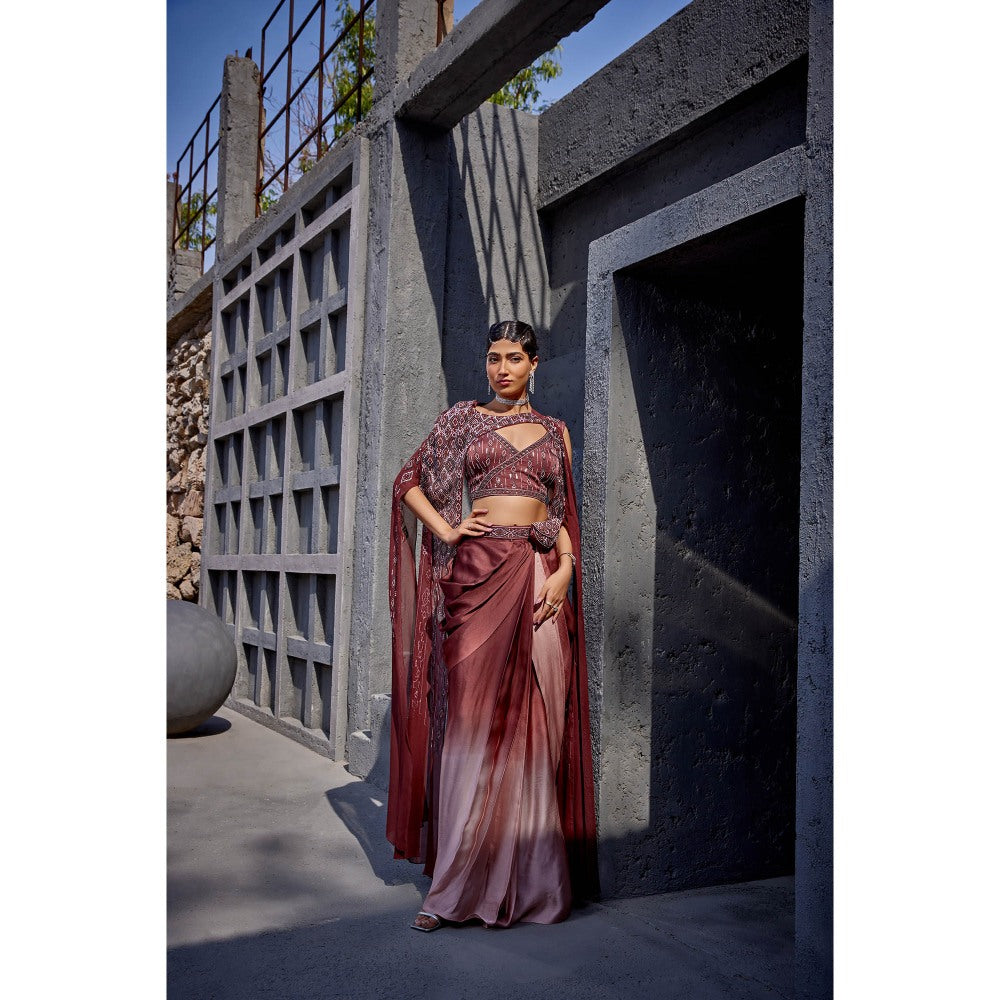 Miku Kumar Brown Afsana Midwestern Drape Skirt with Blouse, Cape, Belt and Pouch (Set of 5)