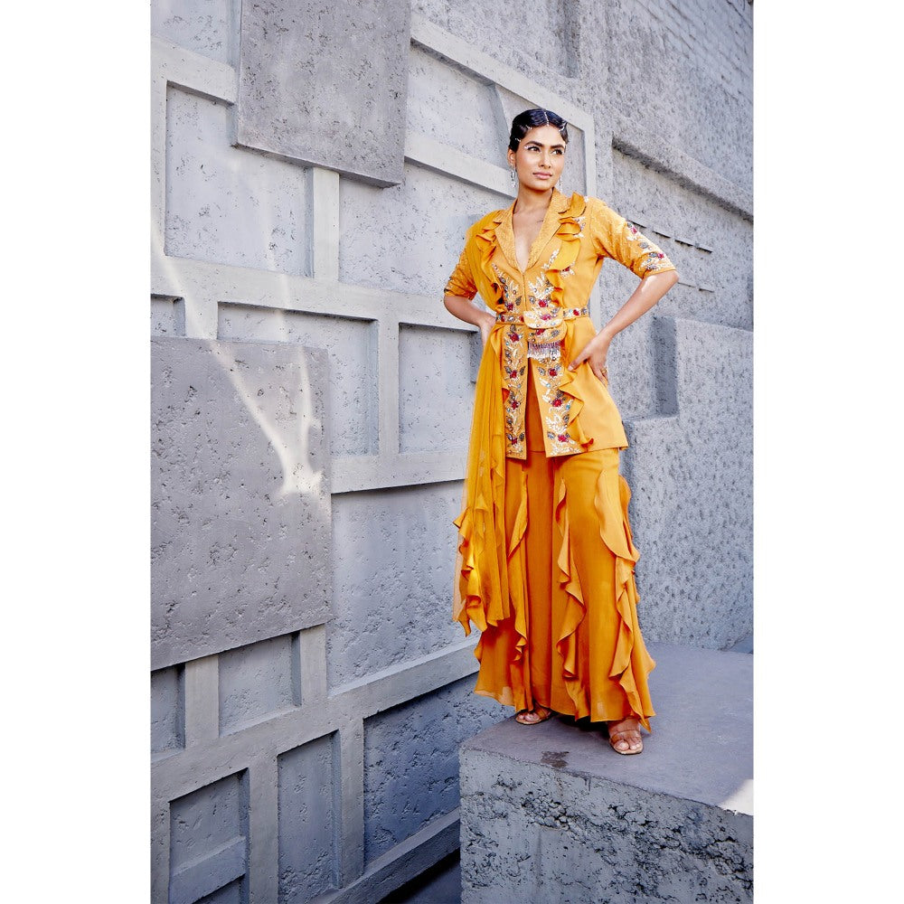 Miku Kumar Orange Kashish Jacket with Sharara, Dupatta, Belt and Pouch (Set of 5)