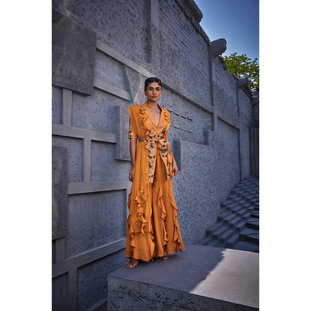 Miku Kumar Orange Kashish Jacket with Sharara, Dupatta, Belt and Pouch (Set of 5)
