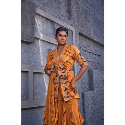 Miku Kumar Orange Kashish Jacket with Sharara, Dupatta, Belt and Pouch (Set of 5)