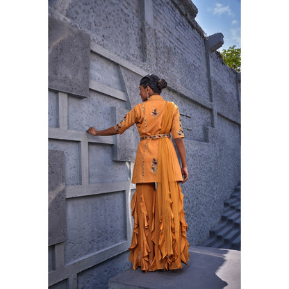 Miku Kumar Orange Kashish Jacket with Sharara, Dupatta, Belt and Pouch (Set of 5)