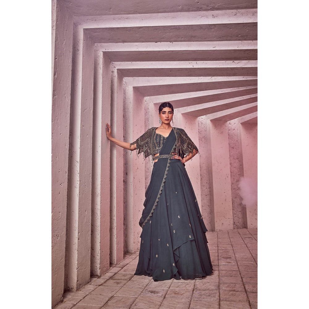 Miku Kumar Green Afra Drape Lehenga with Blouse, Cape and Belt (Set of 4)