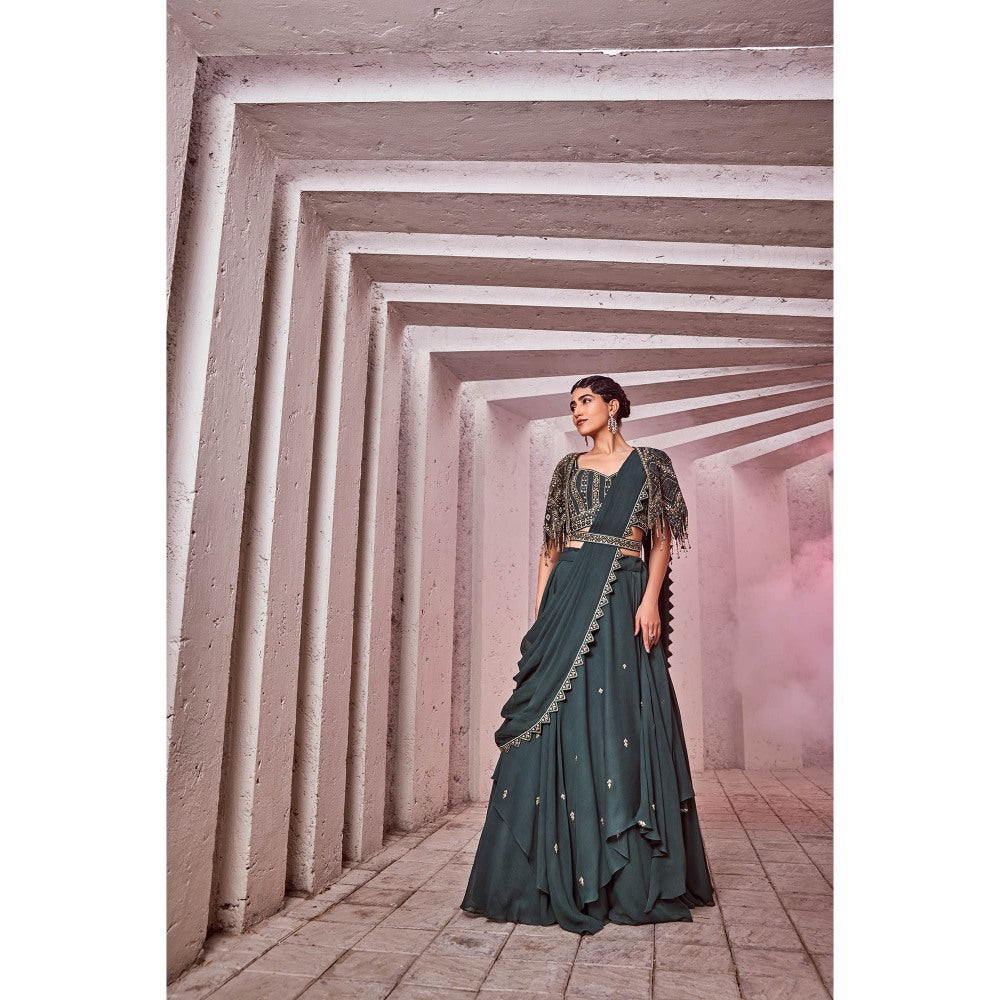 Miku Kumar Green Afra Drape Lehenga with Blouse, Cape and Belt (Set of 4)